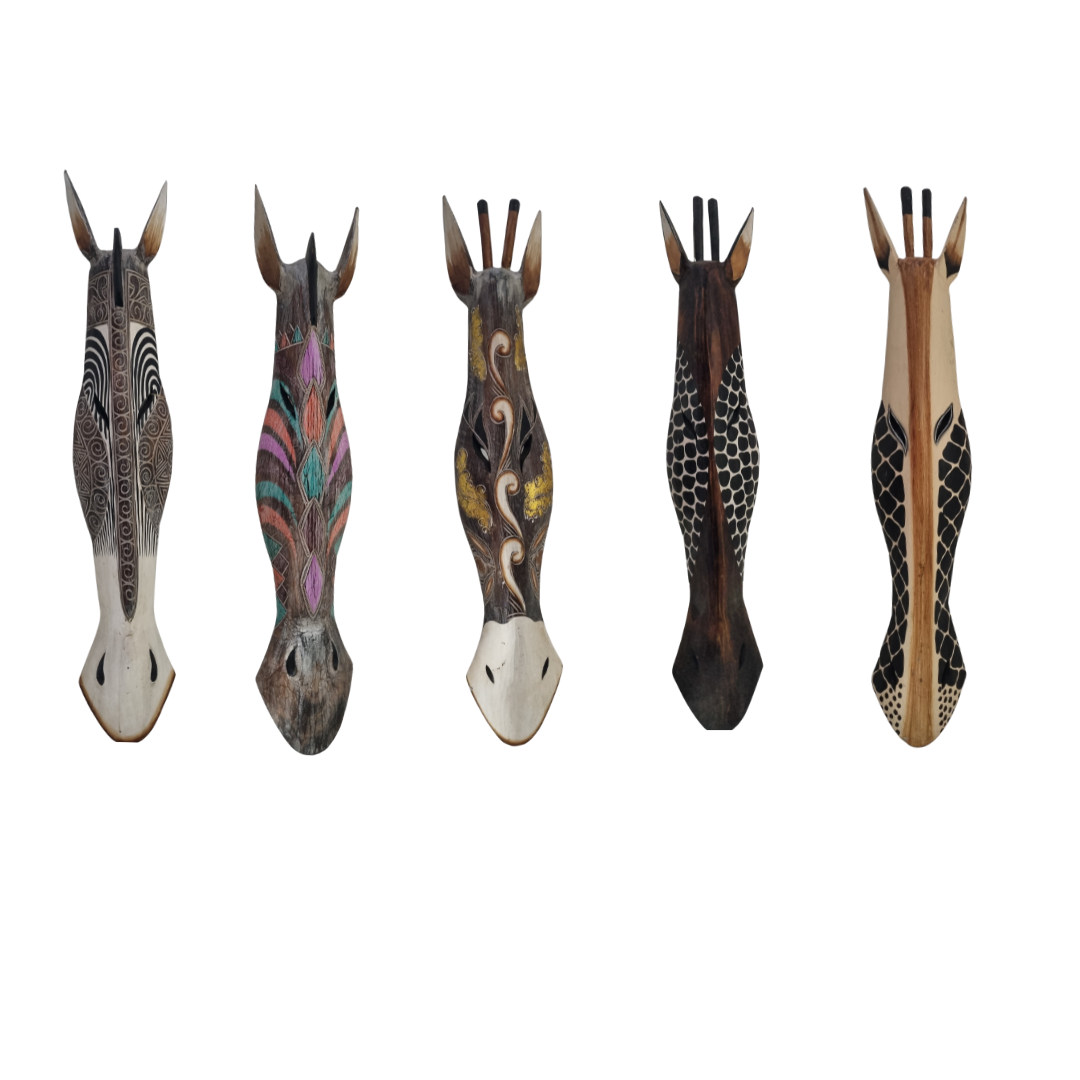 Handcrafted wooden African style animal wall masks – 5 styles shown including zebra stripe, multicolour boho, dark floral scroll, black spot giraffe and natural giraffe – Balinese handcrafted wall art Australia
