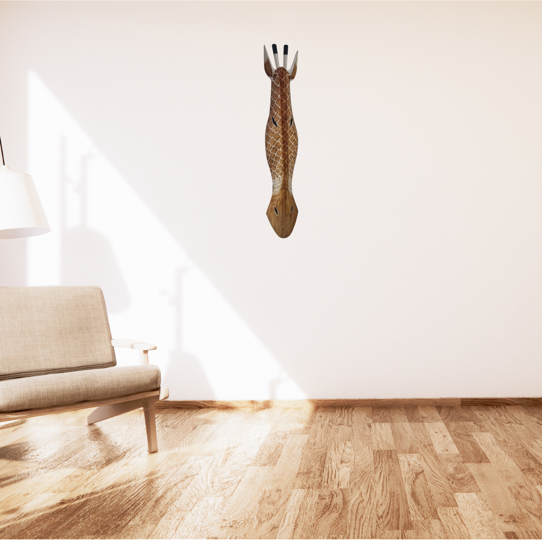 Handcrafted wooden giraffe style wall mask – warm brown diamond pattern – mounted on cream wall in minimalist Scandinavian living room with timber floors – 100cm African style wall art Australia