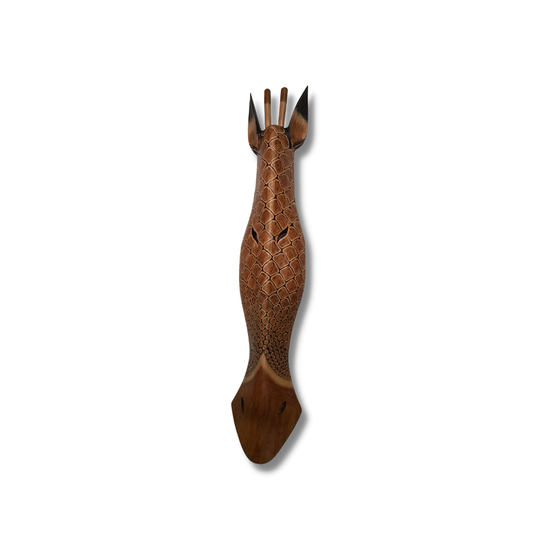 Handcrafted wooden giraffe wall mask – warm brown honeycomb scale pattern – Balinese handcrafted African style wall art on white background