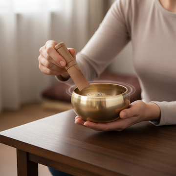 Handcrafted brass singing bowl being played with a wooden mallet, held in cupped hands on a timber table in a warm, softly lit room