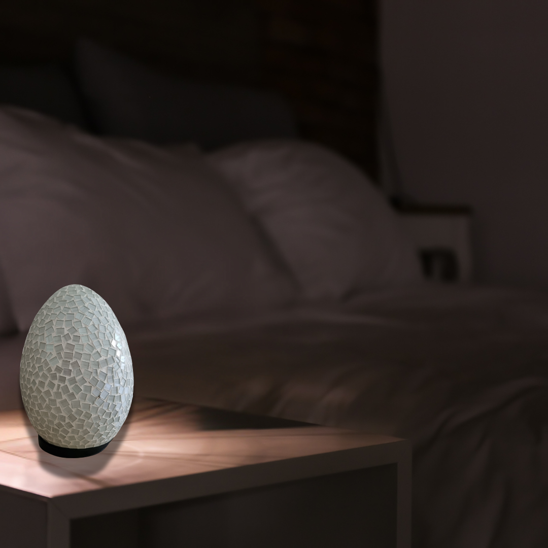 Oval mosaic art lamps in multicolor, with a geometric pattern, designed for home decor.