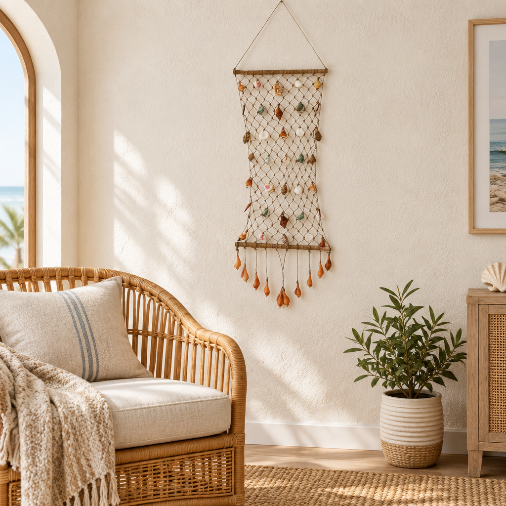 Shell wall hanging displayed above a rattan armchair in a bright boho living room