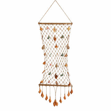 Coastal shell garland hanging against a white background, showing jute netting and mixed shell details