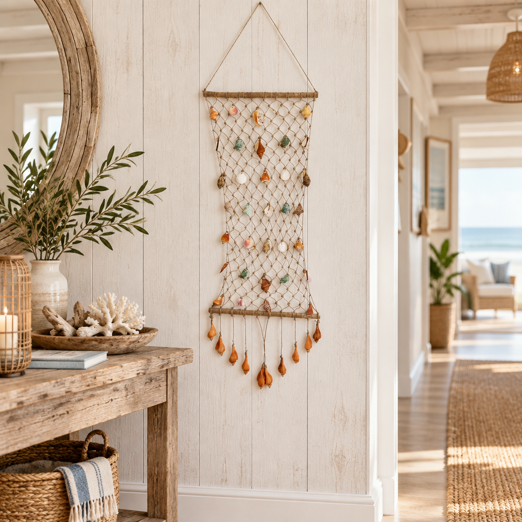 Shell wall hanging displayed in a beach house entryway beside a driftwood console table