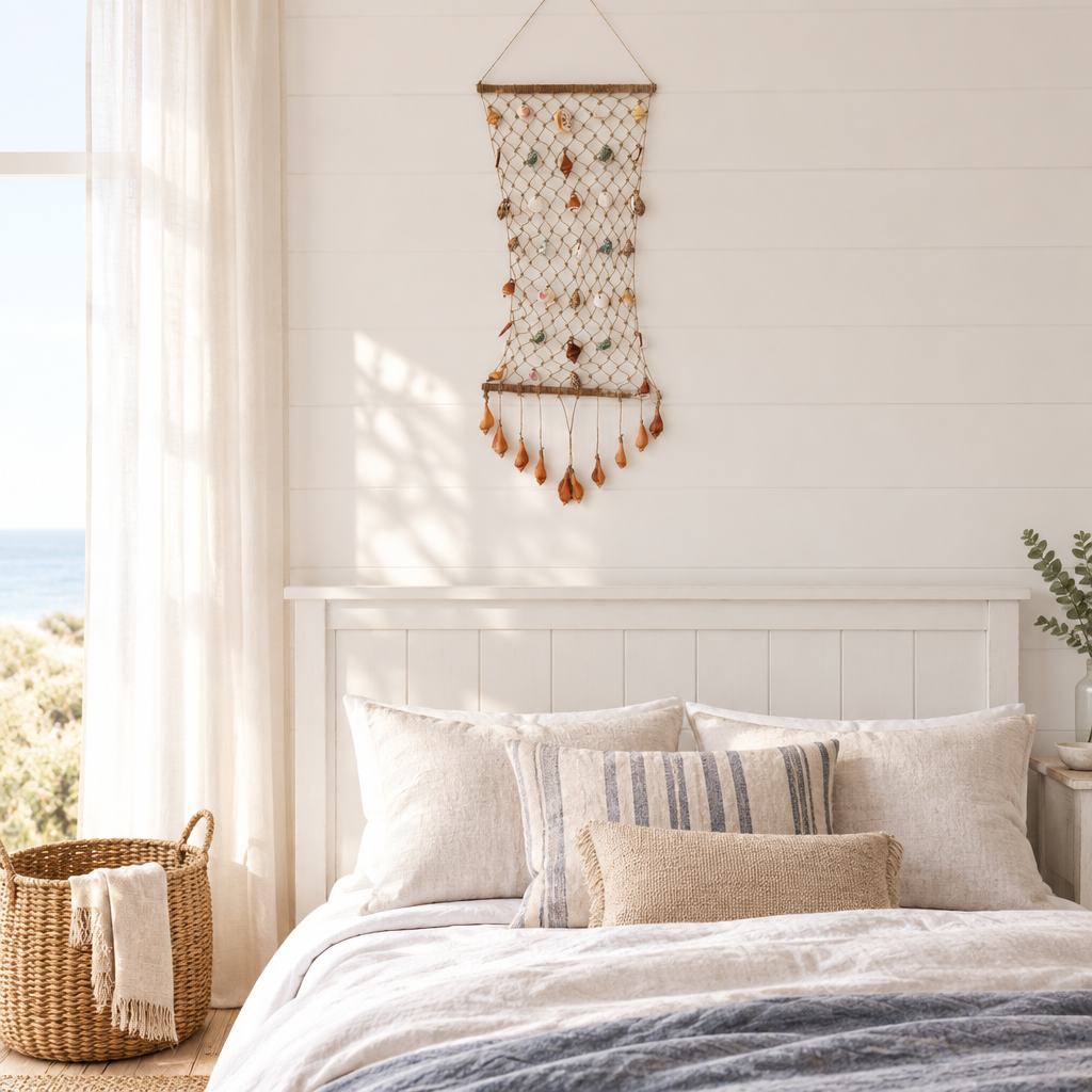 Coastal shell garland hung above a white timber bed headboard in a sunlit bedroom