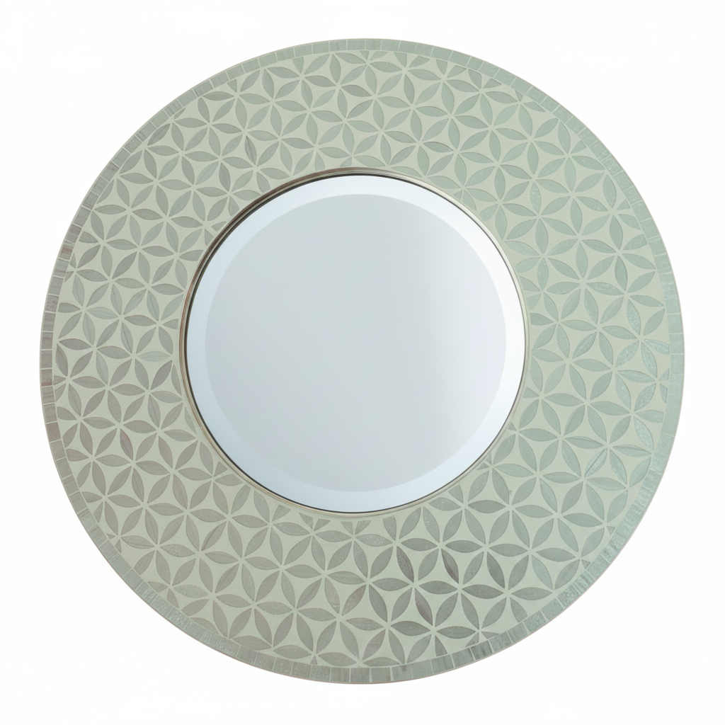 Handcrafted round mosaic wall mirror in pearl white — front-on white background