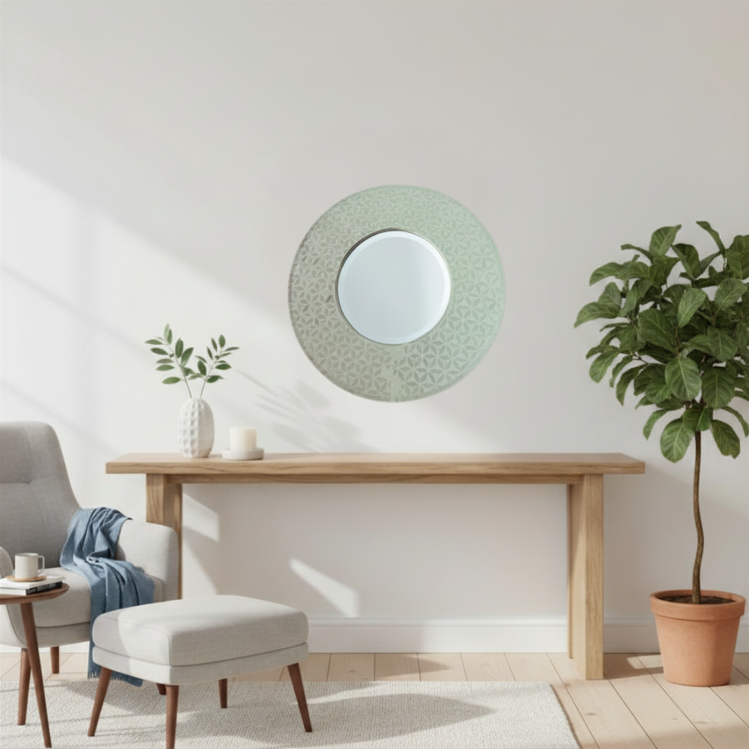 Pearl white mosaic mirror above timber console with eucalyptus in Hamptons living room