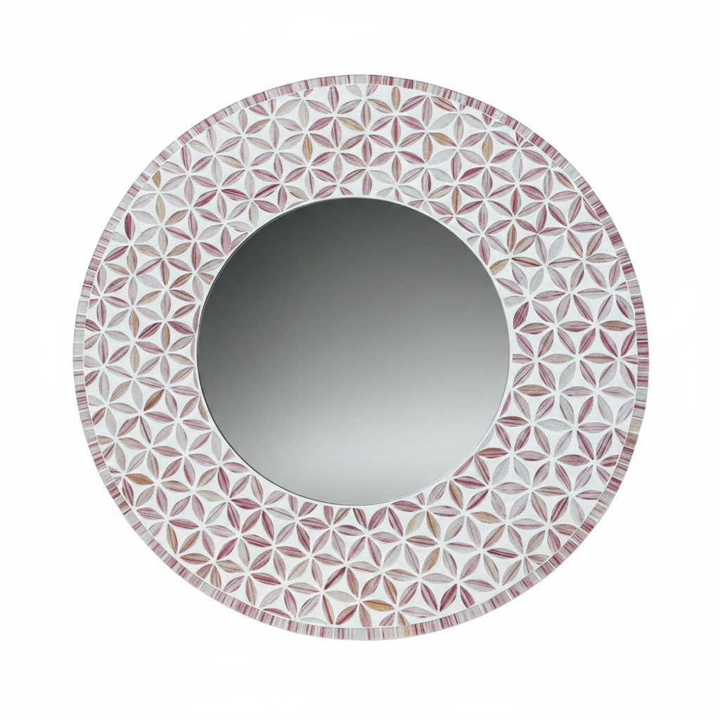 Handmade round mosaic mirror with Flower of Life pattern in soft white and dusty pink mosaic tiles — front-on product view on white background