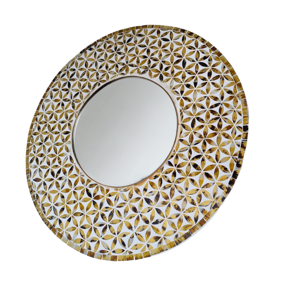 Angle shot Handcrafted round mosaic mirror with Flower of Life pattern in warm brown and amber tones — front-on product view on white background