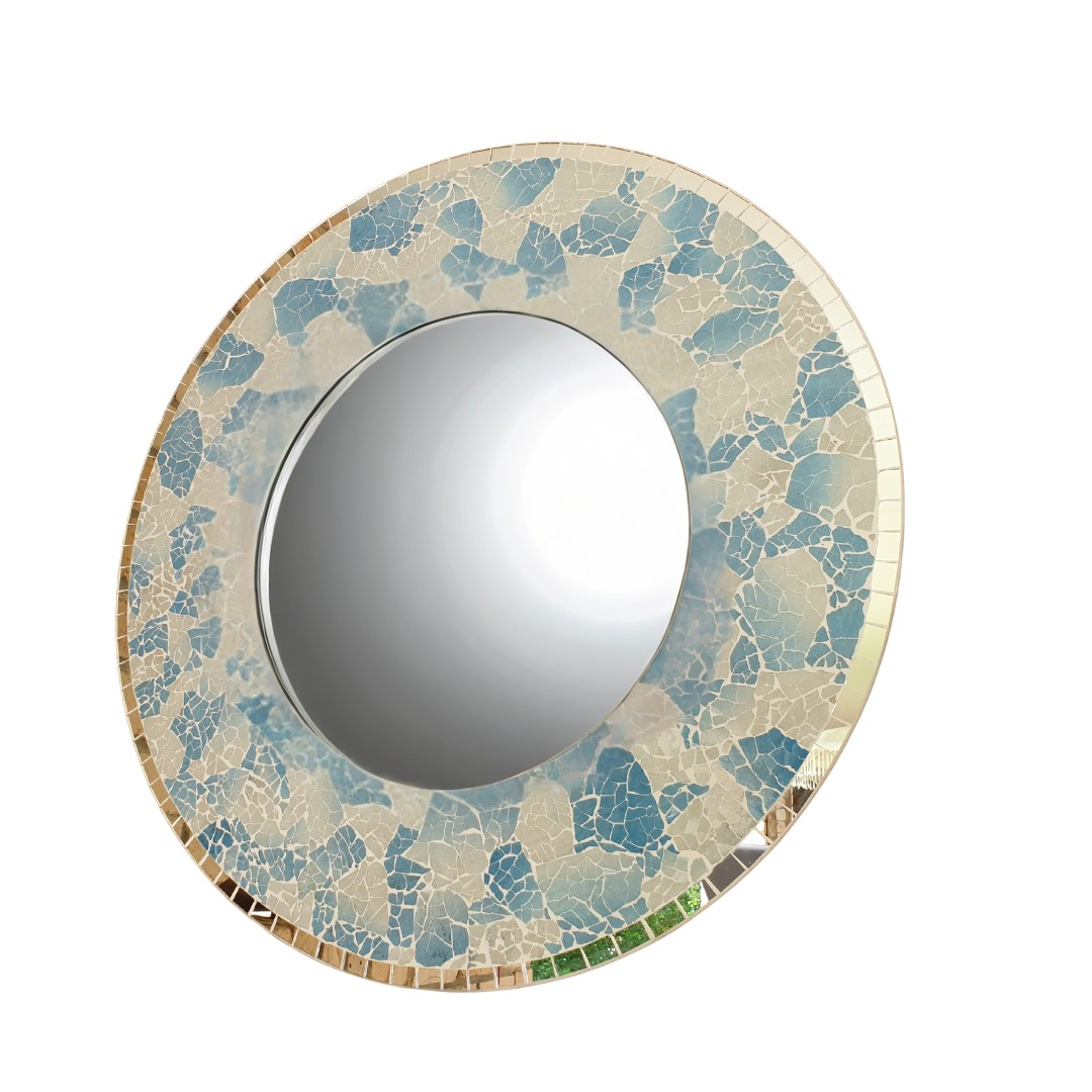 Round mirror with a decorative mosaic frame on a white background