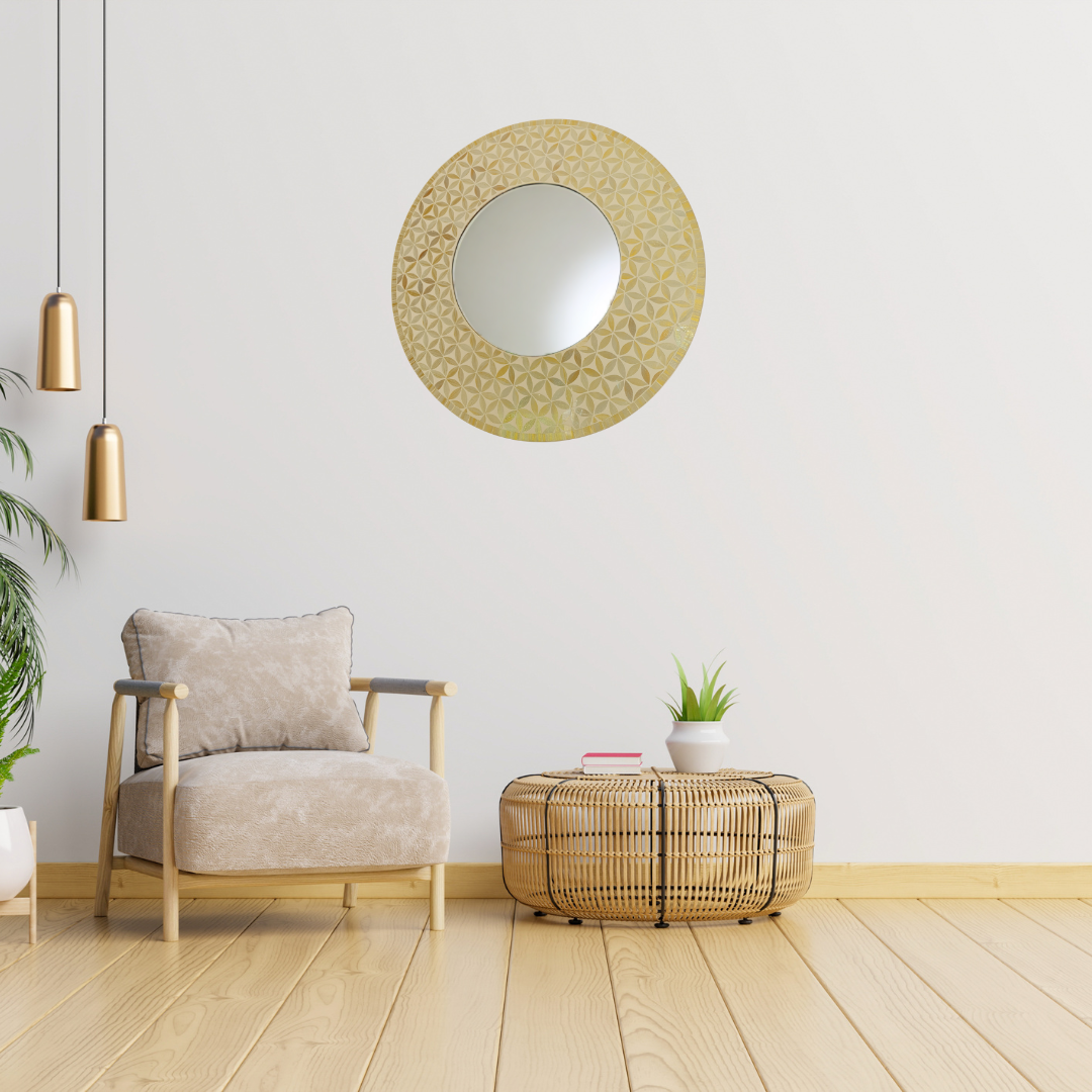 Modern living room with a beige armchair, round mirror, and woven coffee table.