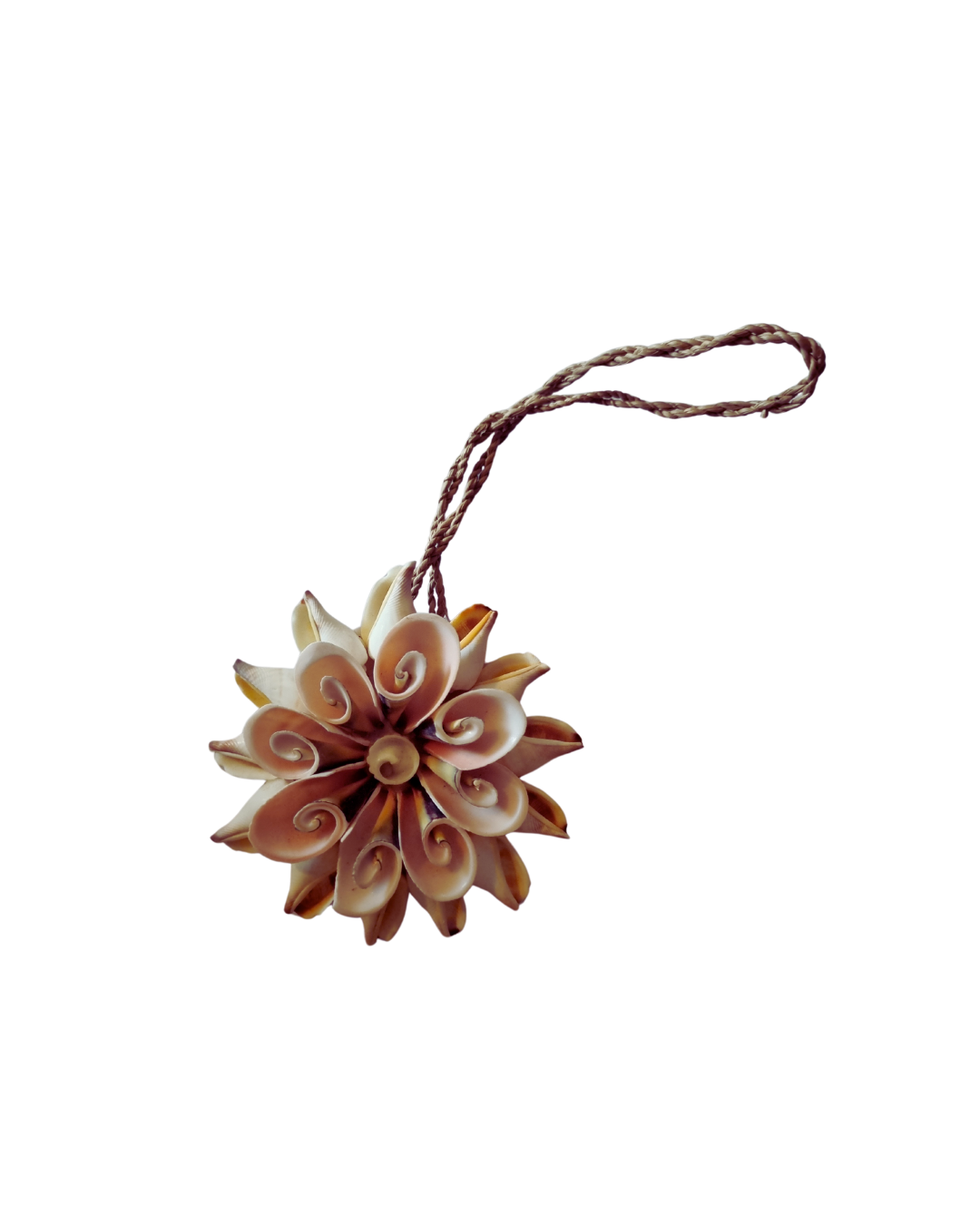 Decorative flower ornament with a string on a white background