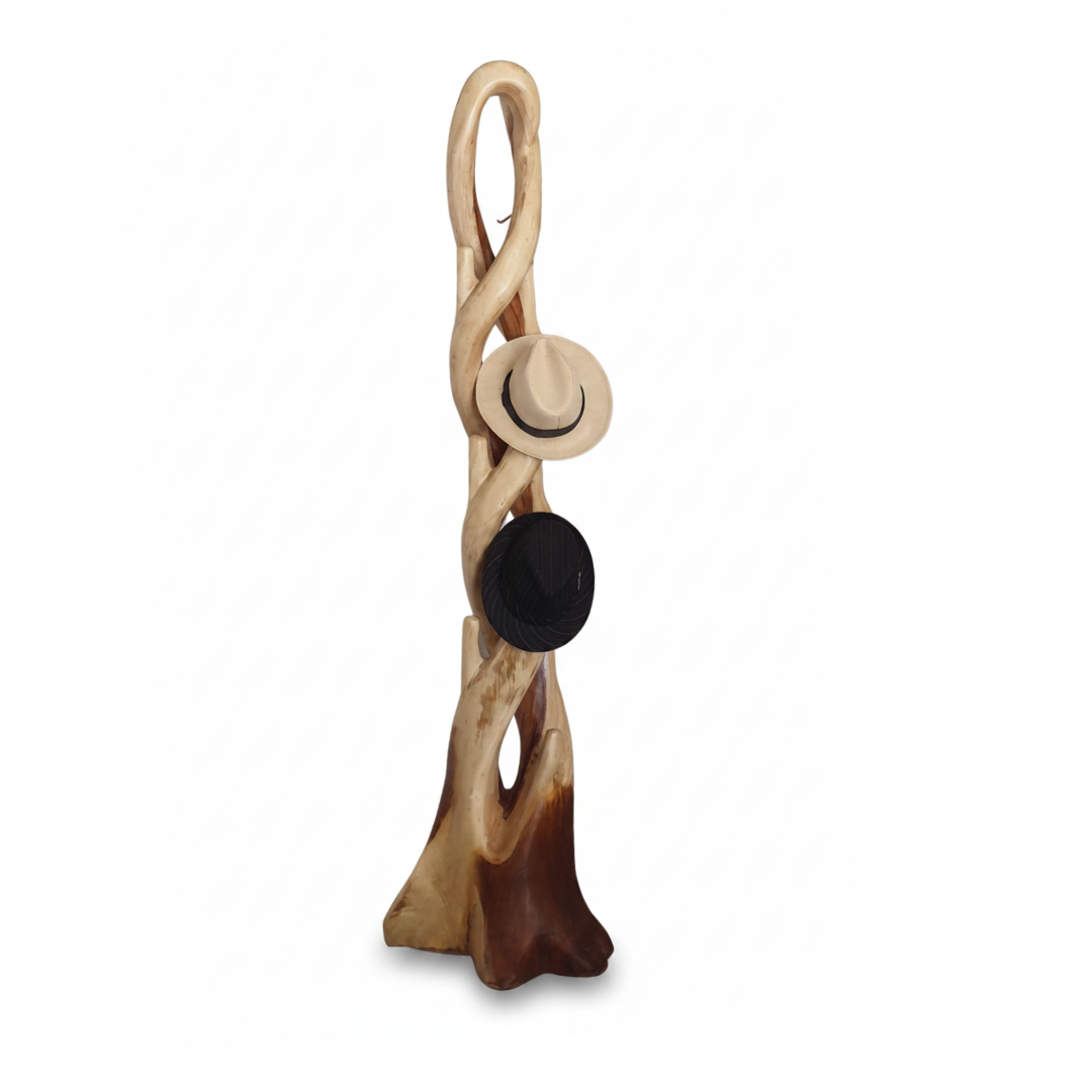 Hat coat stand double design on white background showing twisted two-toned timber form with cream fedora and black hat hanging from natural branch hooks