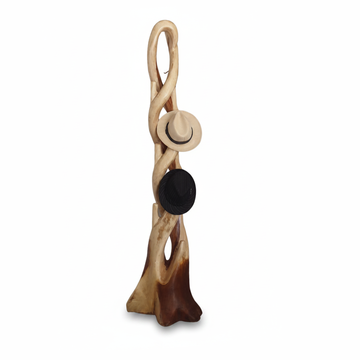 Hat coat stand double design on white background showing twisted two-toned timber form with cream fedora and black hat hanging from natural branch hooks