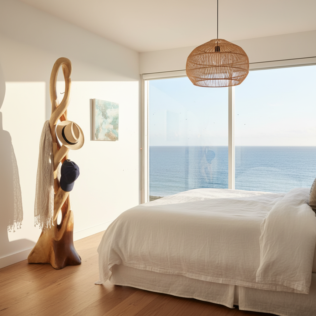 Sculptural wooden coat stand with straw hat, navy cap and linen scarf styled in a bright coastal master bedroom with white linen bedding, rattan pendant light and panoramic ocean view