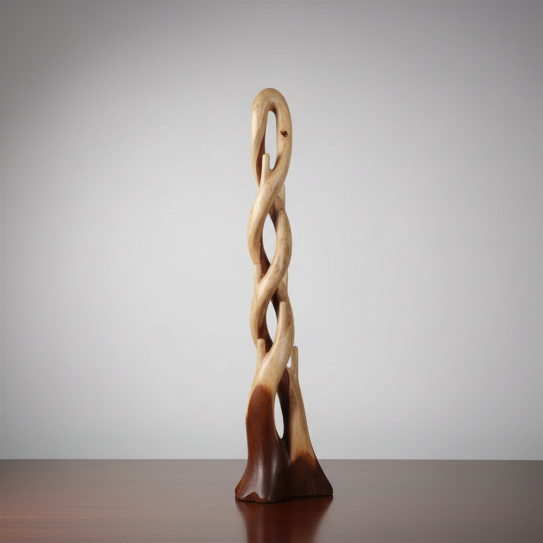 Wooden sculpture with twisted design on a reflective surface