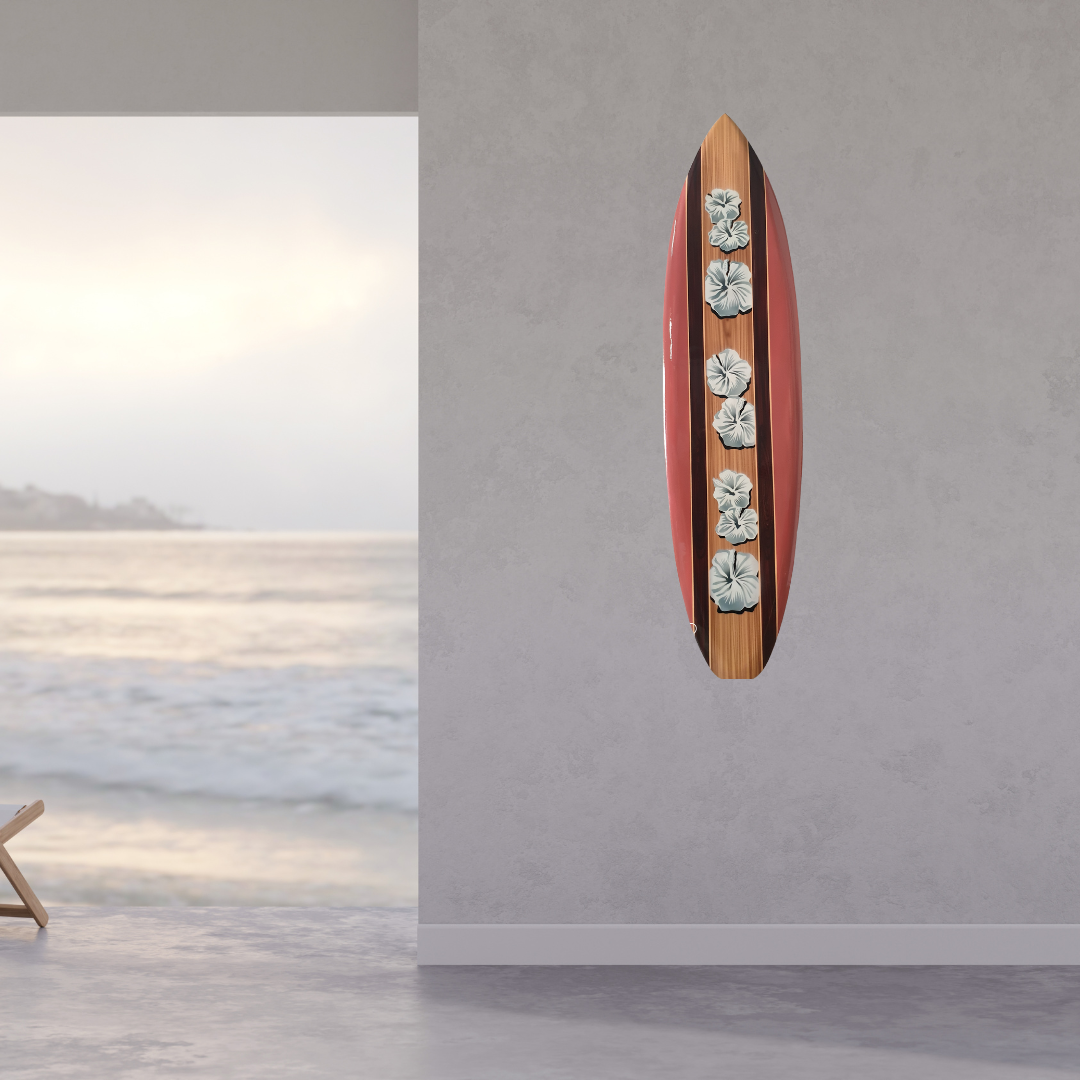 Hibiscus Flower Surf Board Art Style 1 Pink-White