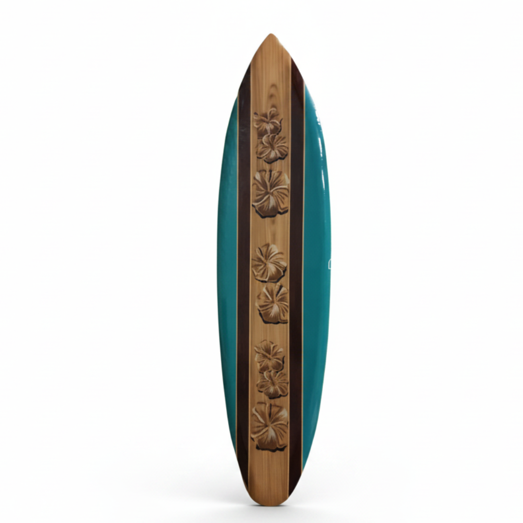 Teal surfboard wall art with carved natural timber hibiscus flowers on a wood centre stripe