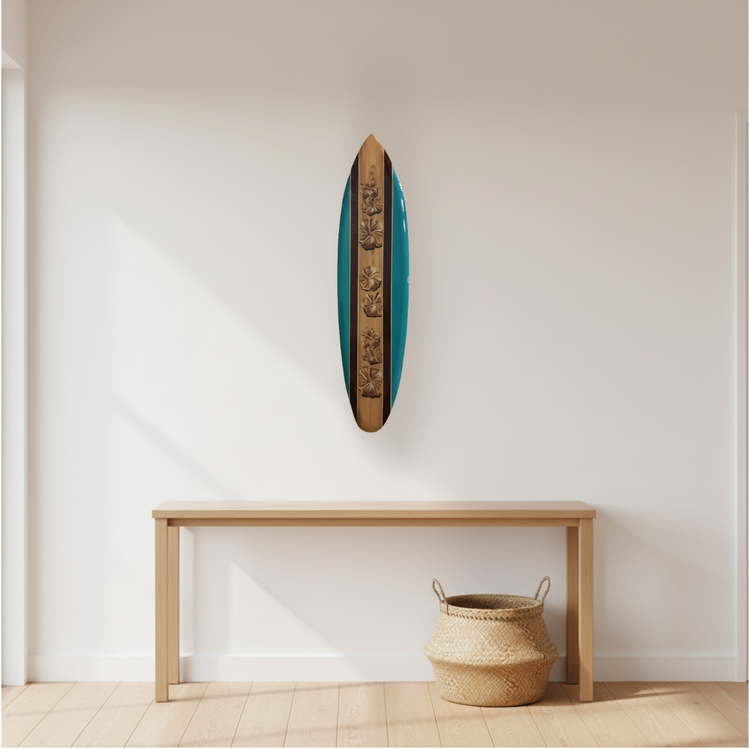 wall art set on a hallway wall above a console table with a natural woven basket