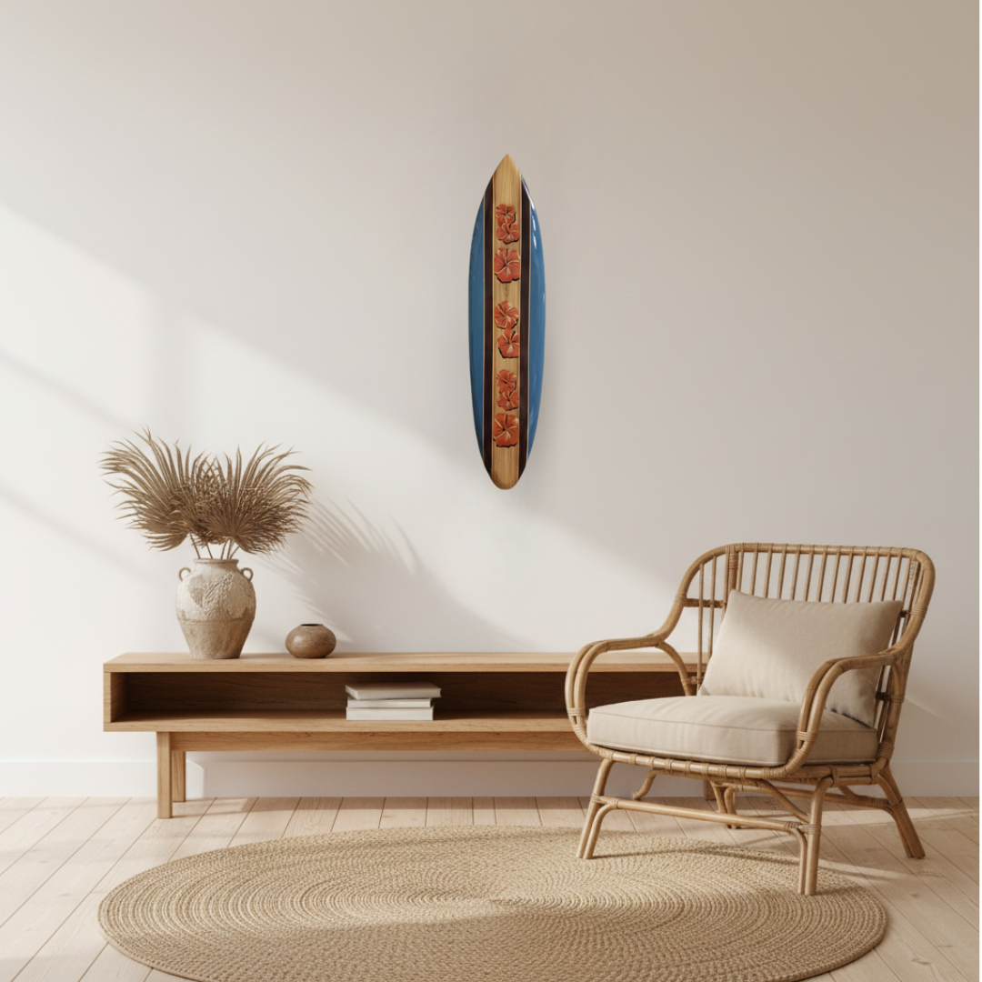 living room wall with a blue and orange wall artwork 