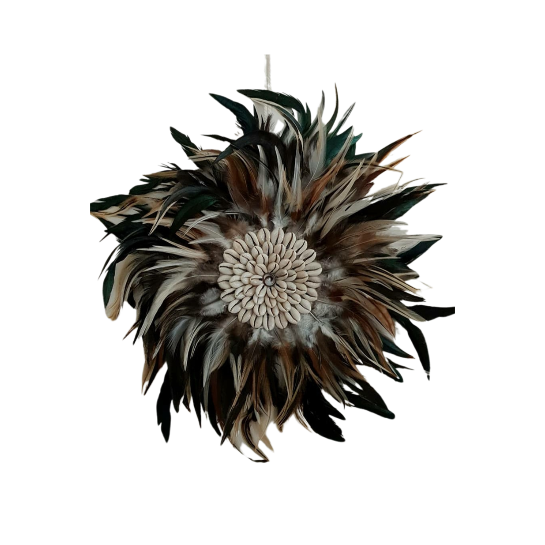 Hanging – Dark & Brown Feathers with Cowrie Shell Centre | Boho Wall Décor 30–35cm