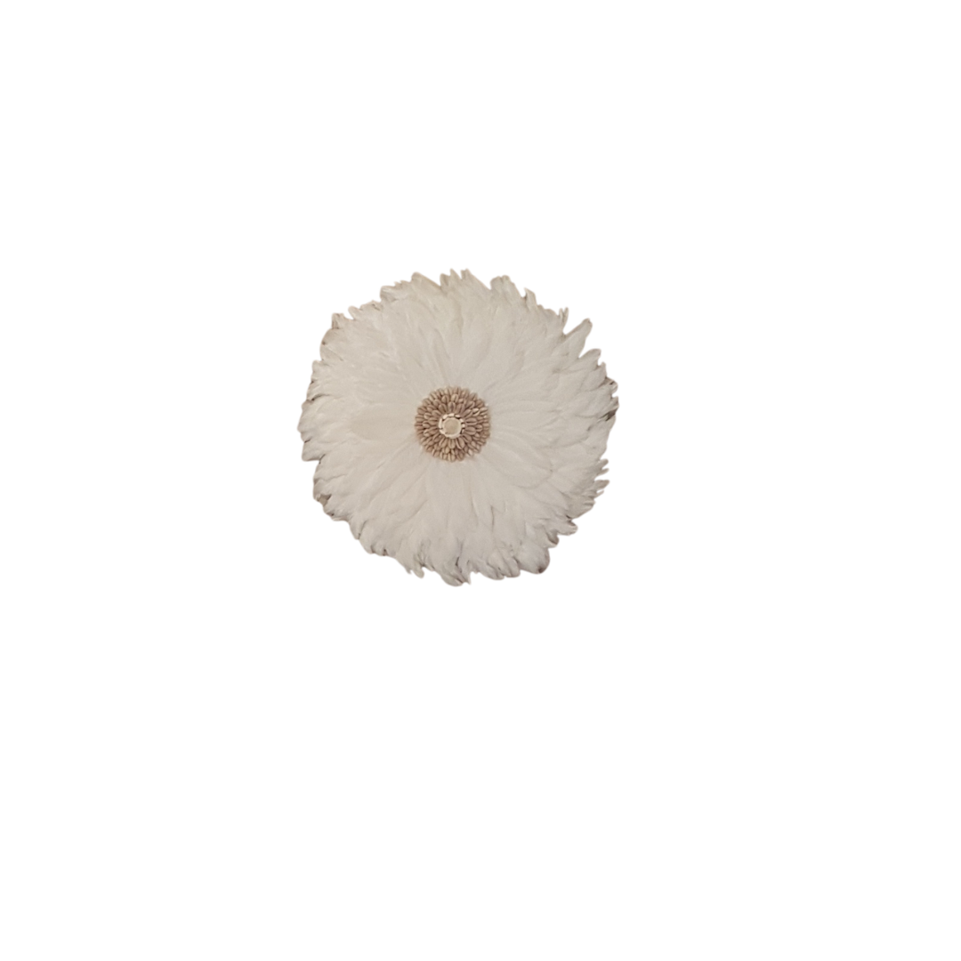 Round white feather wall disc with shell centre on a plain background