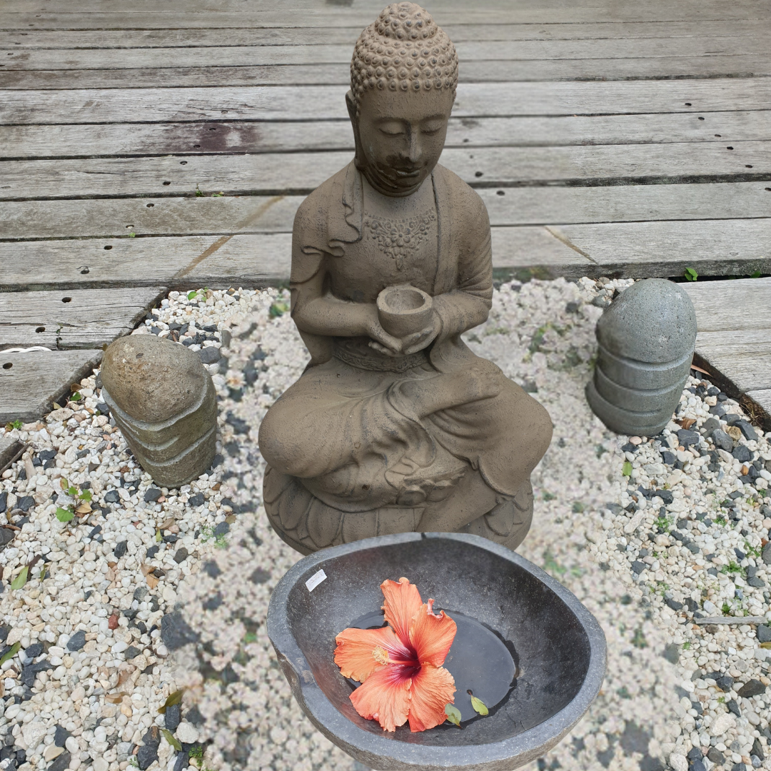 Japanese Stone Garden Basin styled in a lush Zen garden with Buddha statue, stone lantern, bamboo fence, and tropical plants