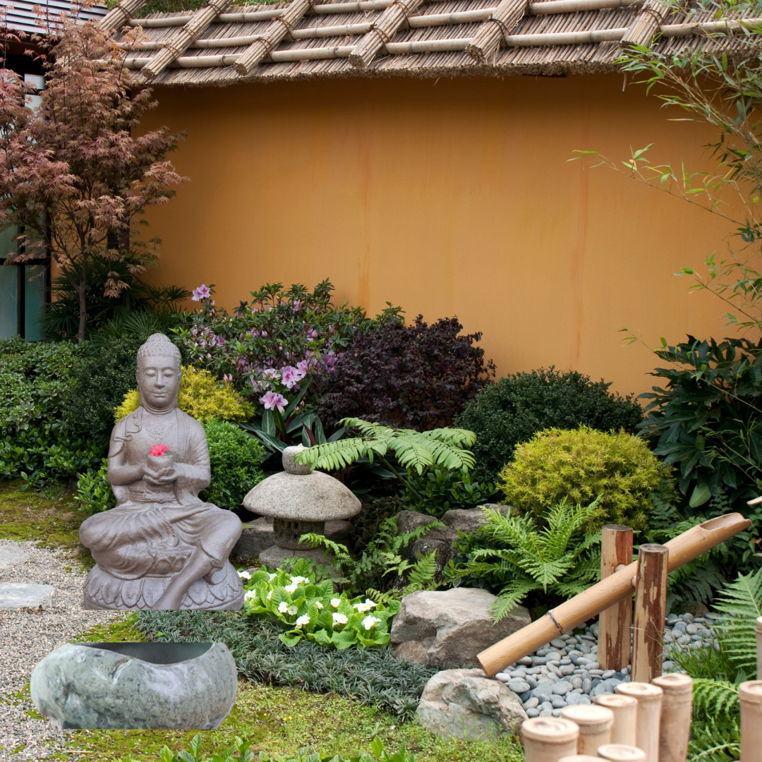 Japanese Stone Garden Basin styled in a lush Zen garden with Buddha statue, stone lantern, bamboo fence, and tropical plants