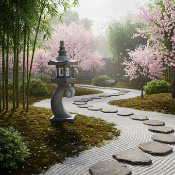 Japanese garden with concrete lantern, walking path, and cherry blossom trees