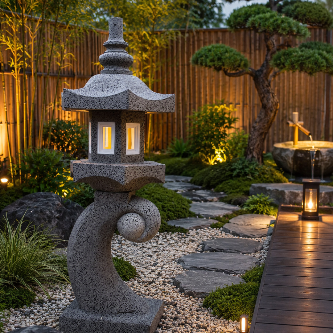 Decorative stone lantern in a garden setting with a wooden deck and plants.