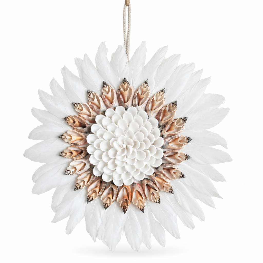 Juju Hat Multicoloured Design with white feathers and cowrie shell centre