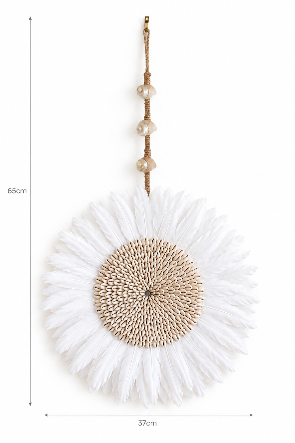 White feather wall hanging on a plain background with measurement lines showing a 37cm disc and 65cm total drop.