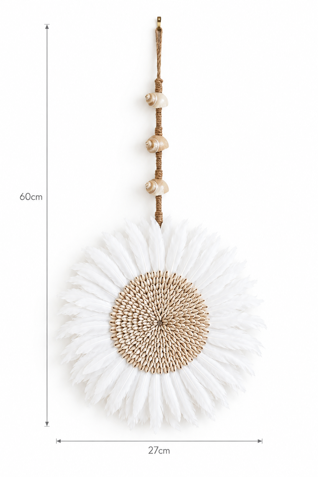 White feather wall hanging on a plain background with measurement lines showing a 27cm disc and 60cm total drop.