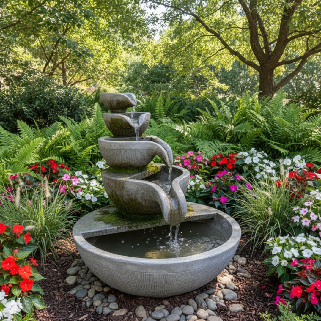 Large outdoor concrete water fountain with five stacked cascading bowls, white background