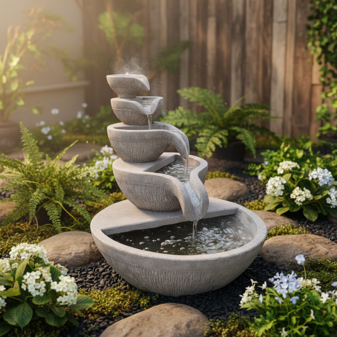 Concrete tiered fountain in a garden setting with plants and flowers.