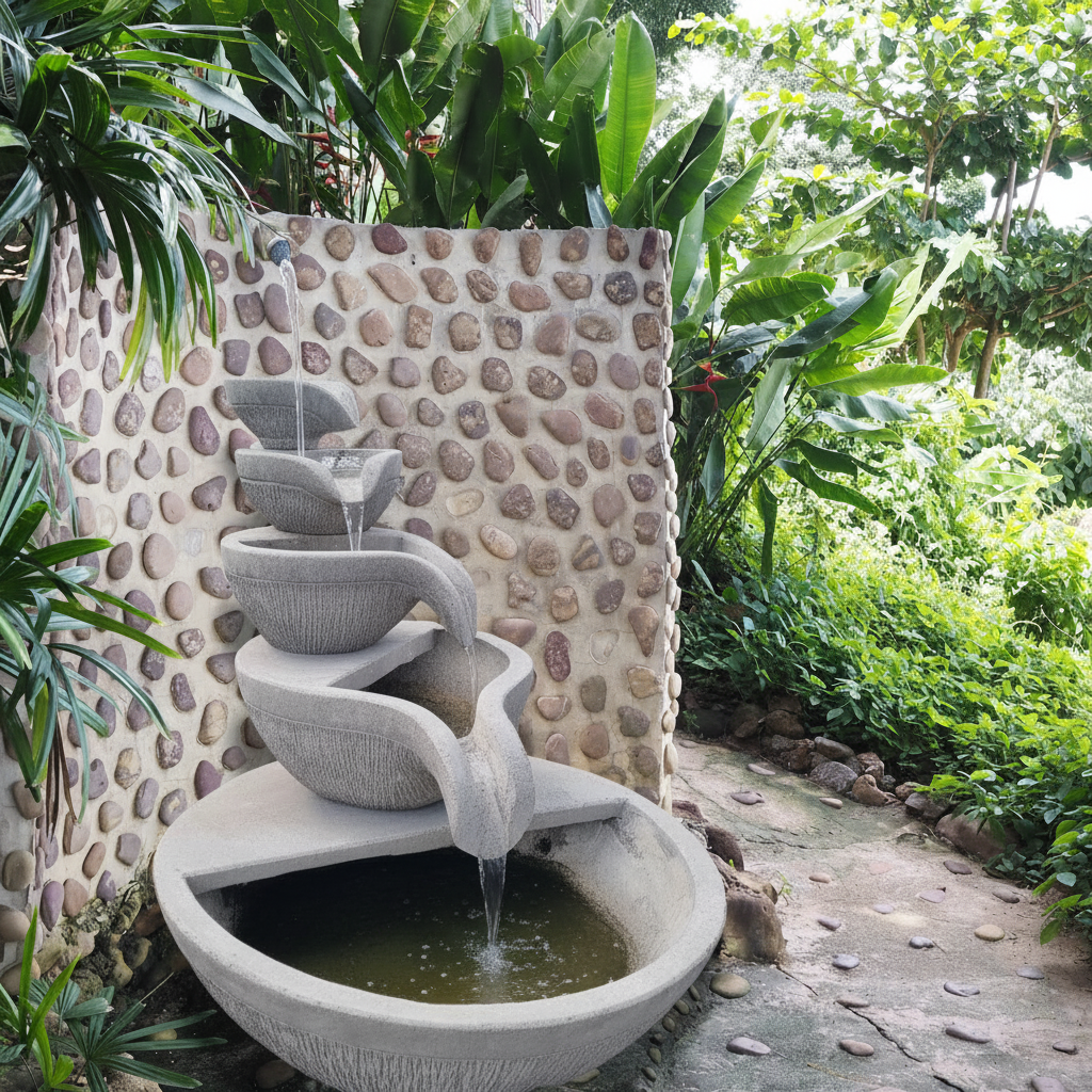 Outdoor garden scene with a stone water fountain and pebble wall.