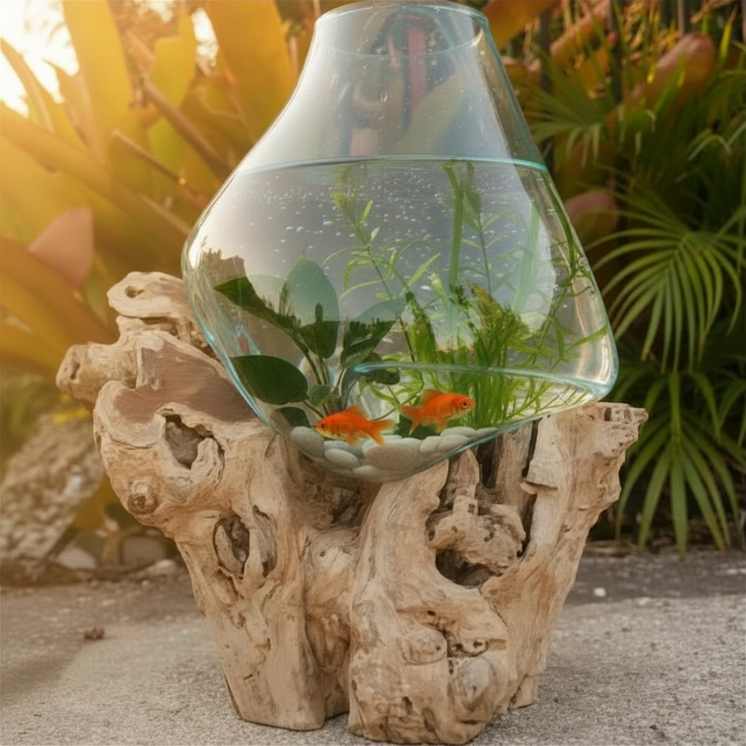 Glass fishbowl with goldfish on a wooden stand outdoors