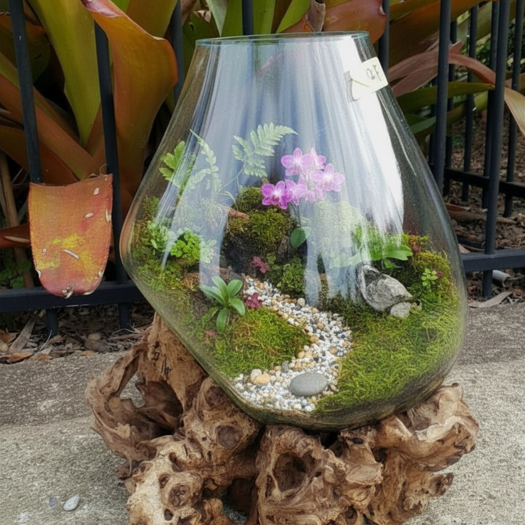 Terrarium with plants and rocks on a natural wooden base