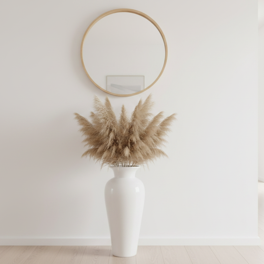 Tall white ceramic urn vase filled with dried pampas grass against a white wall with a round rattan mirror above