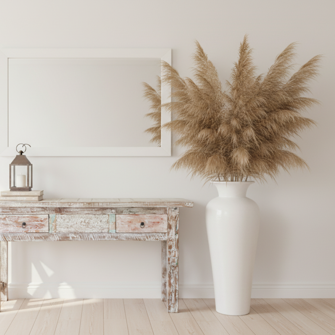 Large white urn vase filled with dried pampas grass beside a rustic whitewashed console table
