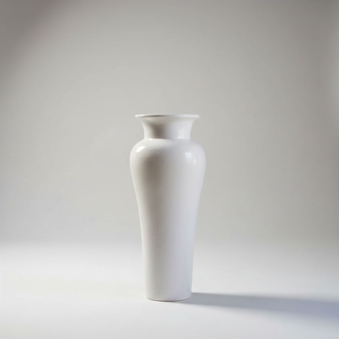 White ceramic urn vase with a wide flared rim on a grey studio background