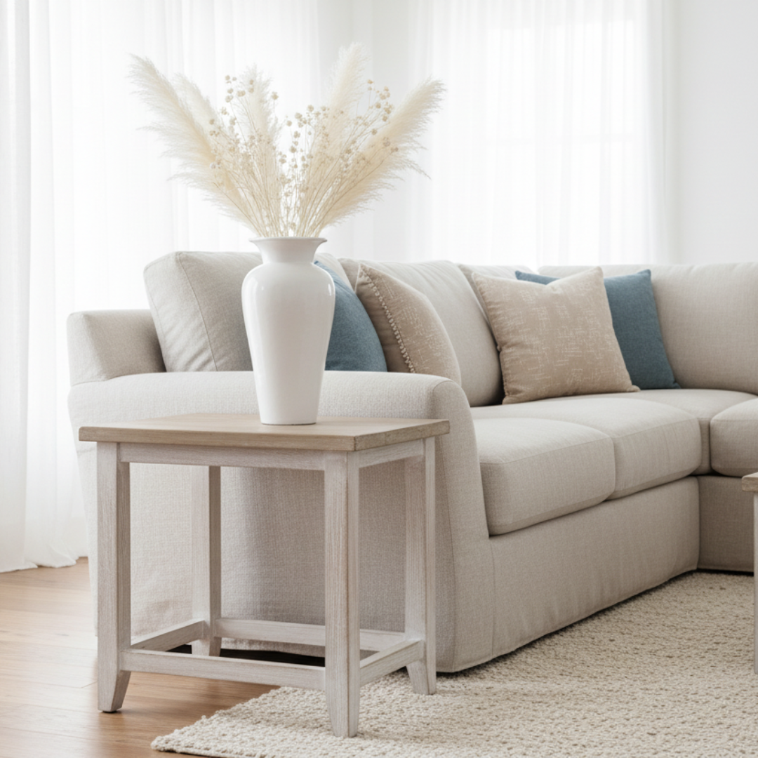 White ceramic floor vase with white dried pampas grass on a whitewashed timber side table beside a cream linen sectional sofa