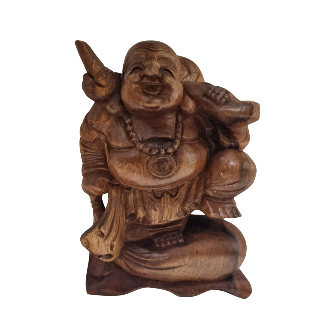 Laughing Buddha Wooden Statue in deep brown wood, full front view showing carved beads and prosperity bag