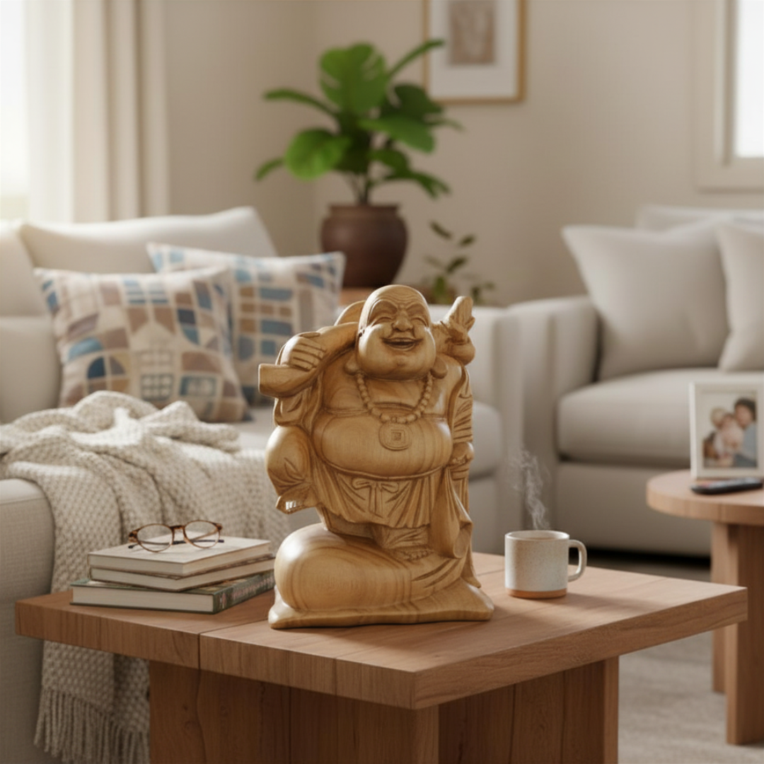 Laughing Buddha Wooden Statue in light natural wood styled on a timber coffee table in a bright coastal living room