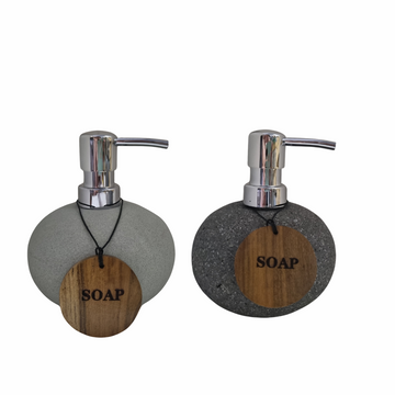 Lava stone and zeolite soap dispensers with silver pump and teak wood soap tag – natural volcanic stone bathroom decor | Azure Decor