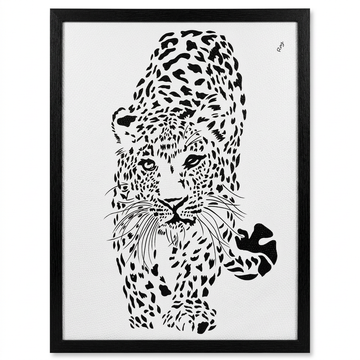 Black-and-white leopard painting in a black frame, large 130 × 100 cm size, on a white background