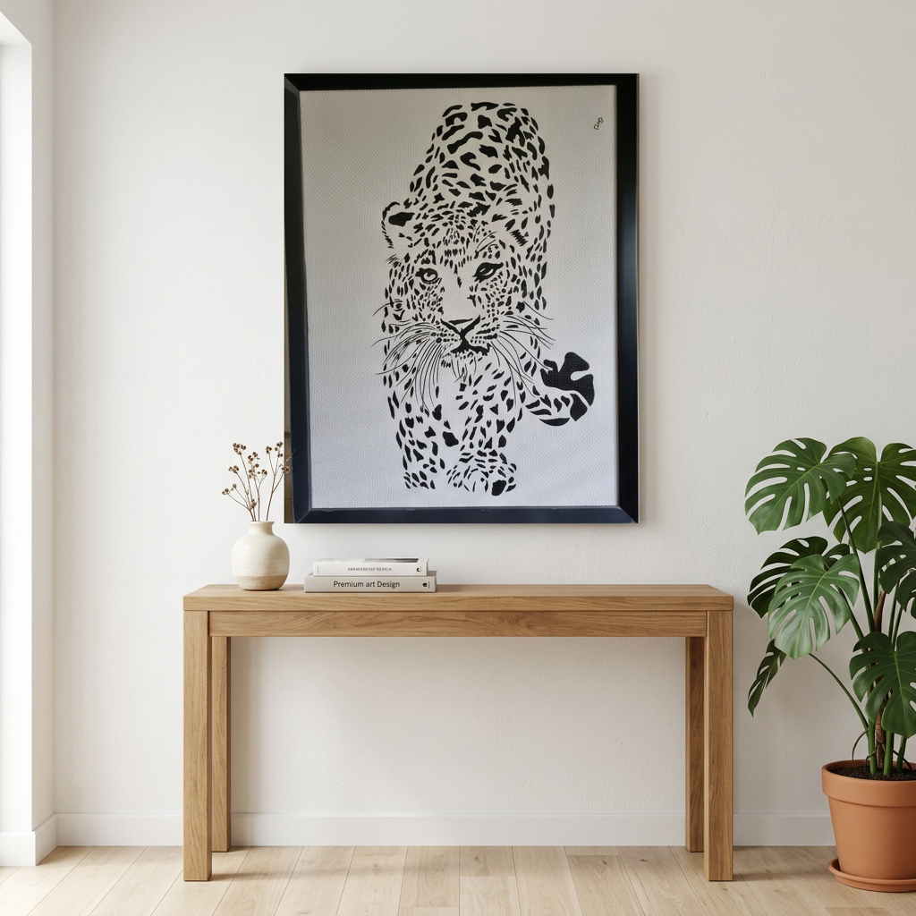 Framed monochrome artwork above a timber entryway console with a ceramic vase and leafy plant