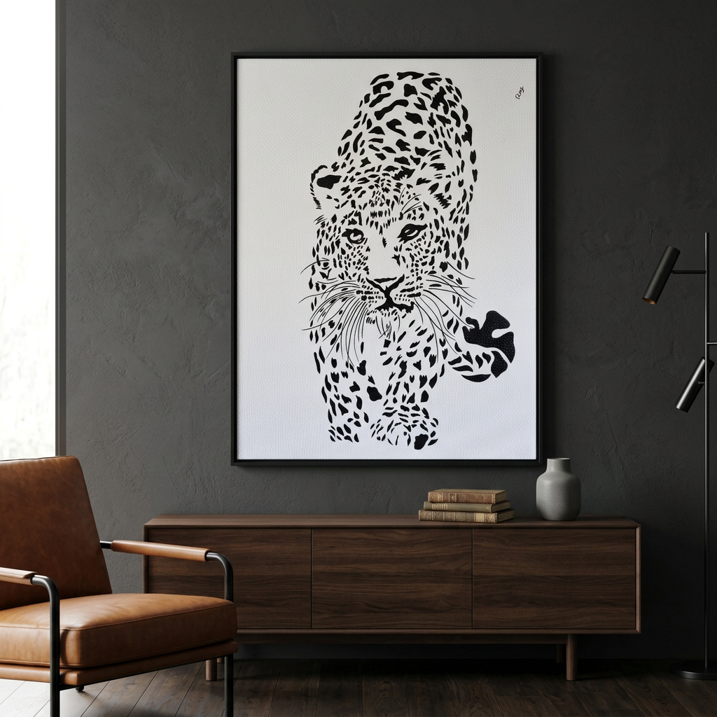 Black-and-white leopard style dot  artwork above a dark timber sideboard with books and a white vase against a charcoal wall