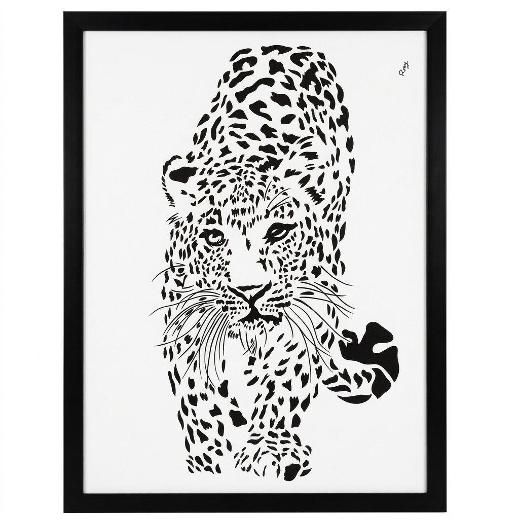 Leopard Style Dot Art Painting in a black frame on a plain white background, medium 90 × 70 cm size