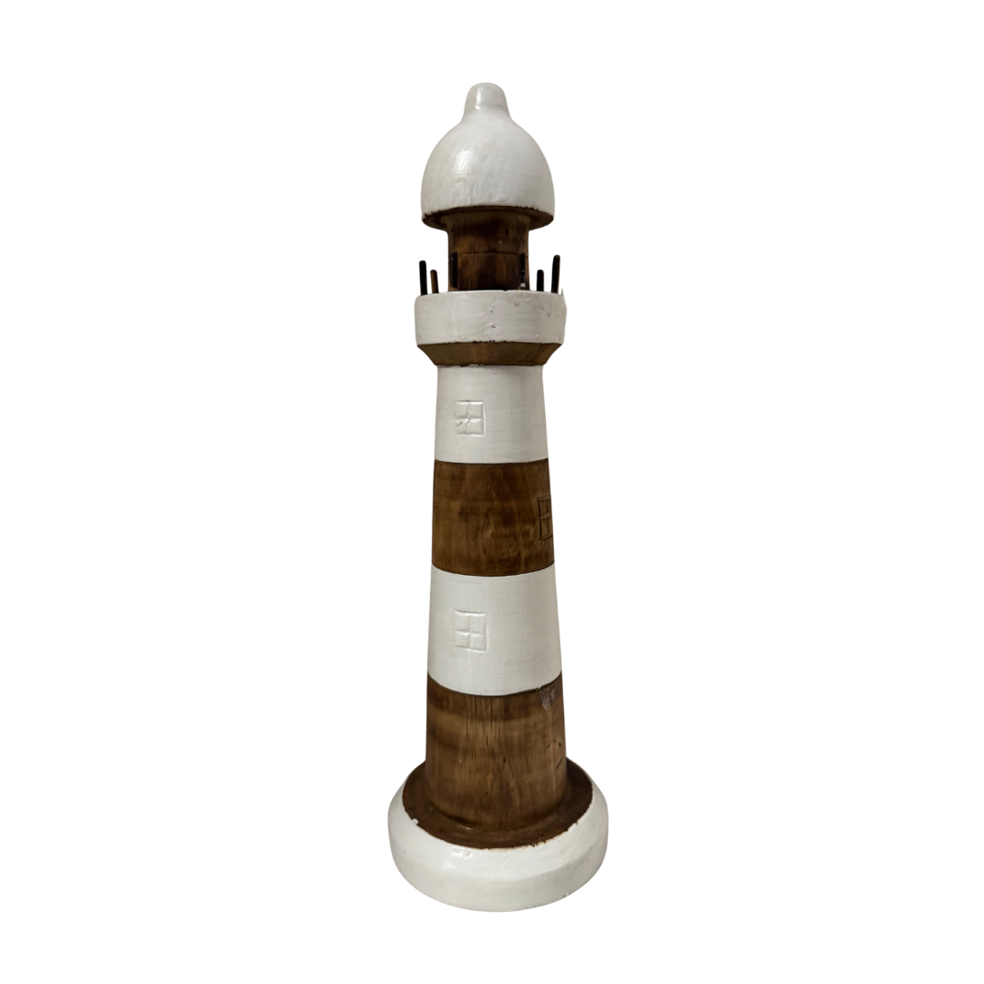 Decorative lighthouse figurine with brown and white stripes on a white background